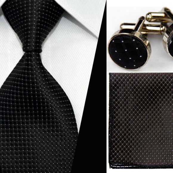 NEW White Black Dots Diamonds Squares Tie Cufflink Hanky Set - Picture 1 of 1
